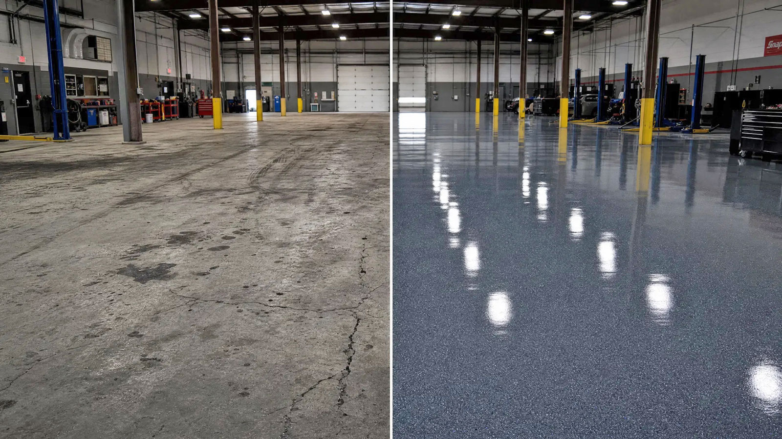Commercial floor coating before and after — auto shop in Burbank CA